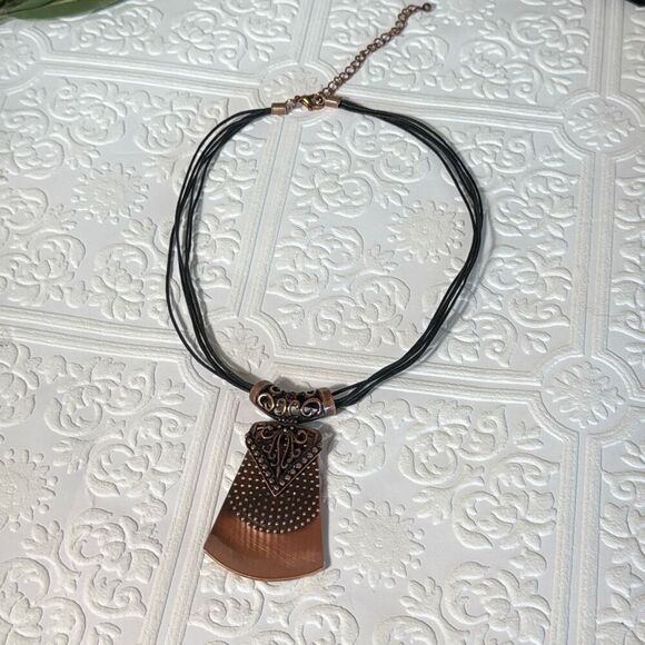 Large Copper Pendant Necklace With Faceted Red Rhinestone On Multi Rope Necklace - Picture 9 of 14
